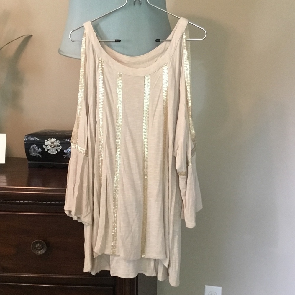 Chico's Beige and Gold Sequin Blouse